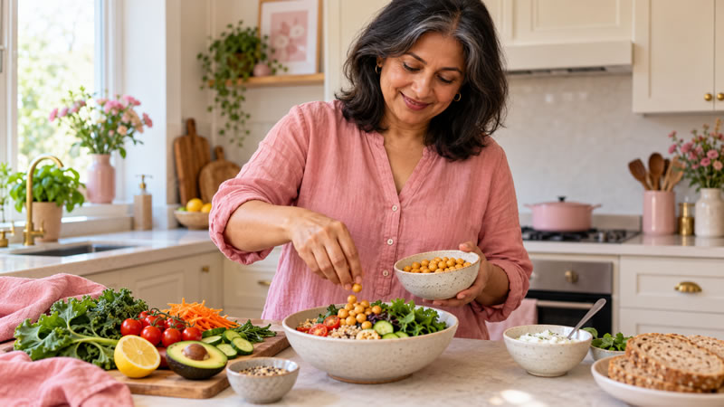 Midlife woman preparing a chickpea and vegetable salad